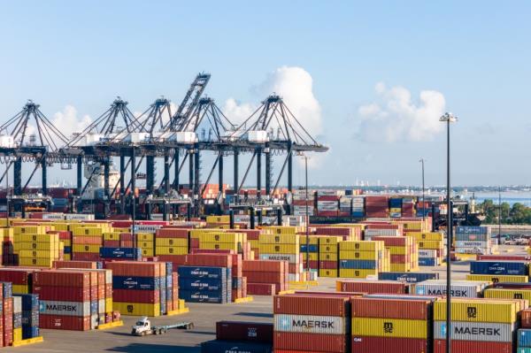 In an aerial view, shipping containers are seen at the Port of Houston Authority on September 20, 2024 in Harris County, Texas.